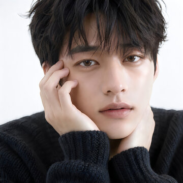 Pensive young man wearing black textured sweater rests face on hands against minimalist white studio background for male portrait.