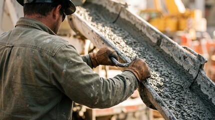 Fototapeta premium Construction worker pouring concrete from a mixer chute at a building site.