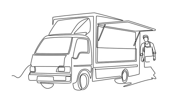 Self drawing animation of single line draw male food truck owner wearing apron and leaning casually against mobile street snack van with its serving hatch open. Continuous line. Full length animated