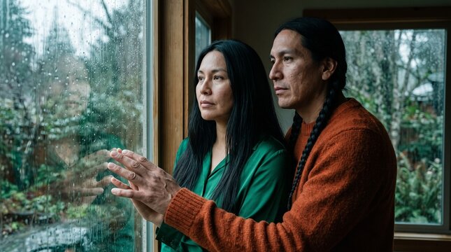 Indigenous Native American couple looking out rainy window at home.