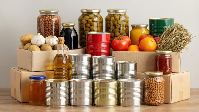 A collection of assorted canned goods and fresh pantry staples organized in cardboard boxes. This image represents food donation or long-term storage concepts.