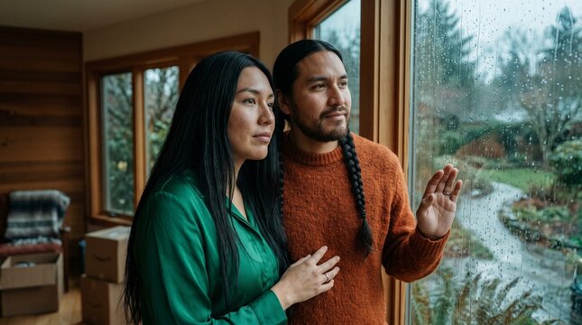 Native American couple looking through window on rainy day at home.