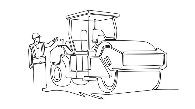 Animated self drawing of continuous line draw man working as a road roller operator in safety gear pointing, conceptualizing construction, infrastructure development. Full length single line animation