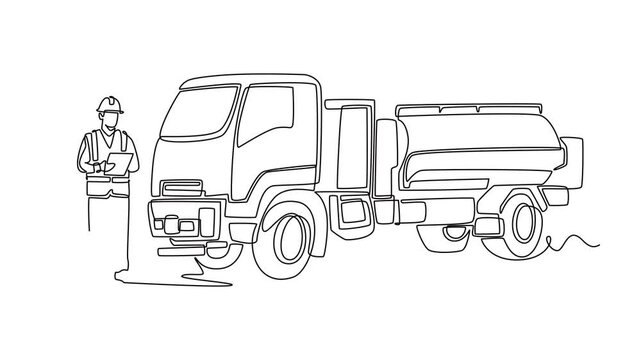 Animated self drawing of continuous line draw young male site inspector in safety gear holding a clipboard while standing next to a large industrial water tank truck. Full length single line animation