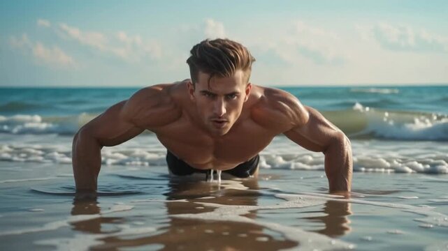 A muscular young man doing powerful push-ups in shallow ocean water, waves gently moving around his body. Ai generated