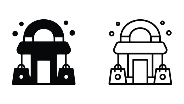 Shop Icons: A collection of shop icons, showcasing both solid and outline versions, featuring a storefront with hanging shopping bags, perfect for retail and e-commerce themes.