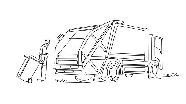 Animated self drawing of continuous line draw young man working as sanitation collector pulling wheeled trash bin toward a garbage truck. Municipal waste management. Full length single line animation