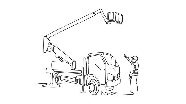 Animated self drawing of continuous line draw man worker in safety gear pointing up at hydraulic lift truck. Aerial platform maintenance, electrical line repair work. Full length single line animation