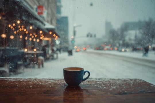 Snow-covered street seen through a cafe window, with a steaming coffee cup resting nearby
