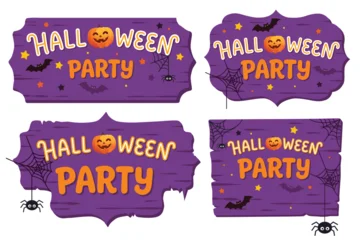 Halloween party wooden boards sign purple signboard Cartoon banners with pumpkin, flying bats, spider web © EvgeniiasArt