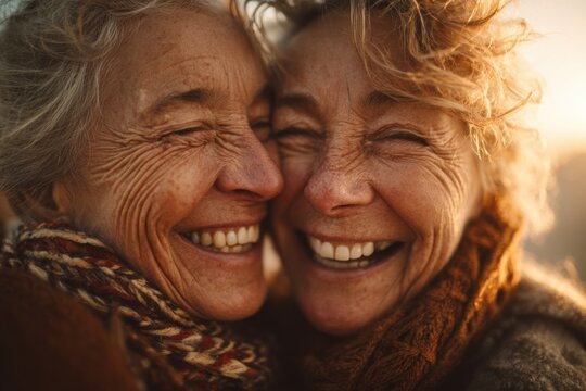 Elderly friends laughing together in a sunlit outdoor setting, sharing a spontaneous and affectionate embrace