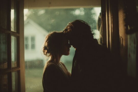 Two people sharing an embrace in a doorway, silhouetted against bright daylight streaming from outside