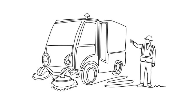 Animated self drawing of continuous line draw young male municipal worker in safety gear pointing at street sweeper truck machine. Urban sanitation and road cleaning. Full length single line animation