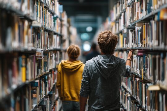 Readers browsing a library aisle, reaching toward books on the surrounding shelves