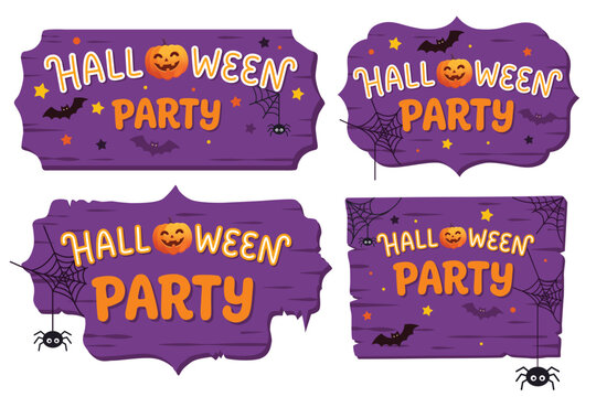 Halloween party wooden boards sign purple signboard Cartoon banners with pumpkin, flying bats, spider web