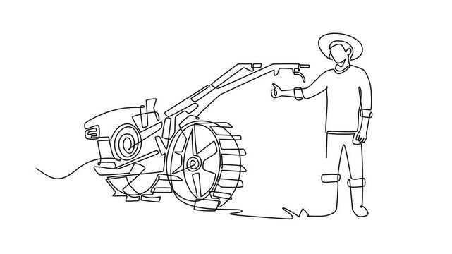 Animated self drawing of continuous line draw male farmer wearing straw hat giving thumbs up gesture, standing next to hand cultivator tractor in agricultural field. Full length single line animation