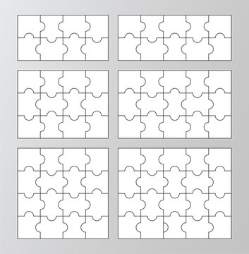 Puzzle grid diagram presentation. Jigsaw infographics collection. 6 puzzles set business process chain infographic. Business info graphic with steps, parts. Vector illustration