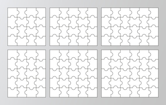 6 puzzles infographics collection. Jigsaw set with different sizes. Business info graphic with steps, parts. Puzzle grid business chain infographic. Process diagram presentation. Vector illustration