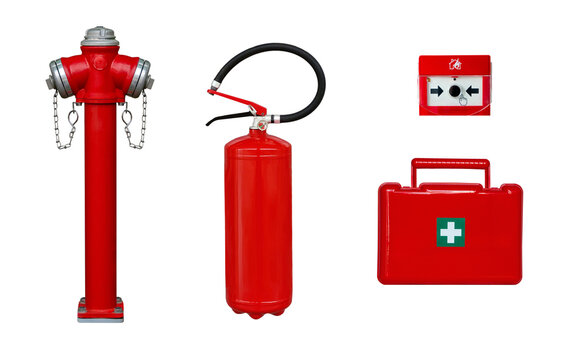 Fire safety equipment set with hydrant, extinguisher, alarm button and first aid kit isolated on white background