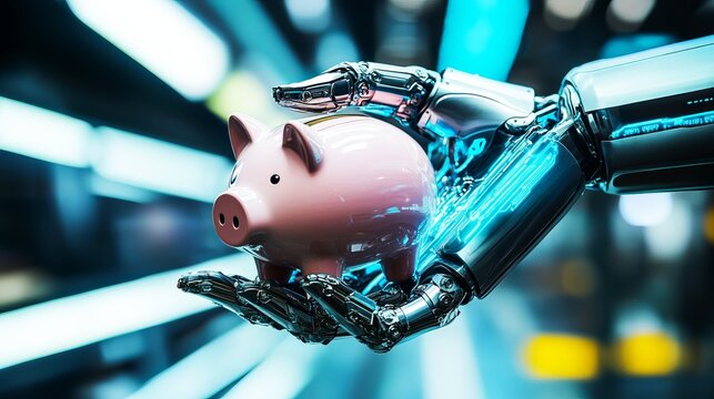 Metallic robotic hand carefully holding a smooth pink piggy bank featuring reflective chrome surfaces and bright cyan glowing neon lighting