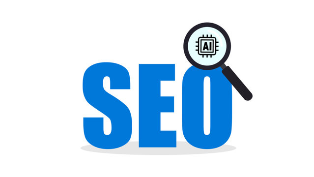 SEO and Magnifying Glass with AI, artificial intelligence search engine optimization concept