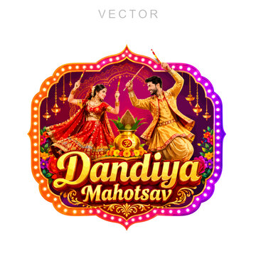 Golden Dandiya Mahotsav celebration text badge with traditional dancers playing Dandiya sticks.