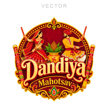 Traditional Dandiya text emblem with abstract silhouettes celebrating the Indian Navratri festival.