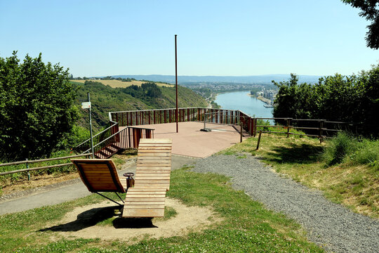 Scenic hiking viewpoint with recreational facilities above the Rhine Valley near Andernach