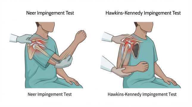 Illustration shows Neer and Hawkins-Kennedy tests for shoulder impingement in a clinical setting. A hand demonstrates the tests on a patient.