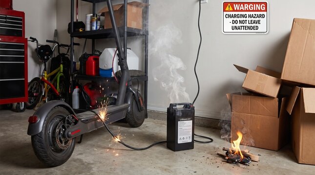 Electric scooter battery sparks and smokes near cardboard boxes in garage with scooter connected lithium battery sparking smoking fire nearby surrounded lithium ion combustion