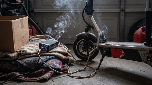 Electric scooter charger overheating on garage floor with smoke with blanket garage smoking electricity technology transport vehicle hazard safety risk fire