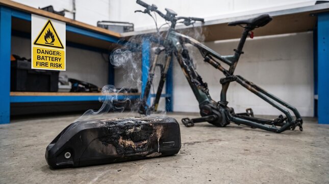 Burnt e bike battery and charred bicycle in workshop with danger sign with battery smoke environment technology transport electric warning safety hazard issue fire with risk