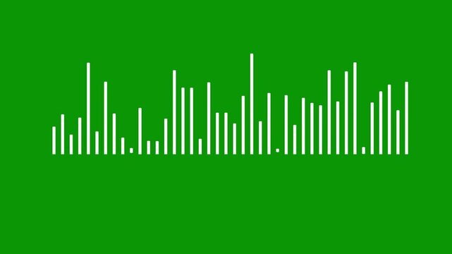 White audio frequency spectrum bars bouncing continuously, digital sound wave equalizer animation, clean voice level indicator, minimalist music rhythm visualizer on green background. 4k video