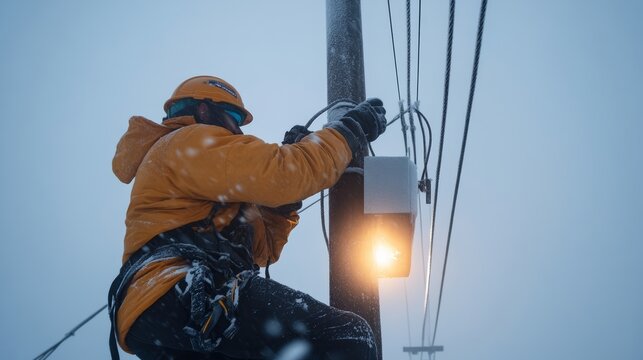 Utility worker scaling a power pole in harsh winter weather to ensure the reliability of electrical systems