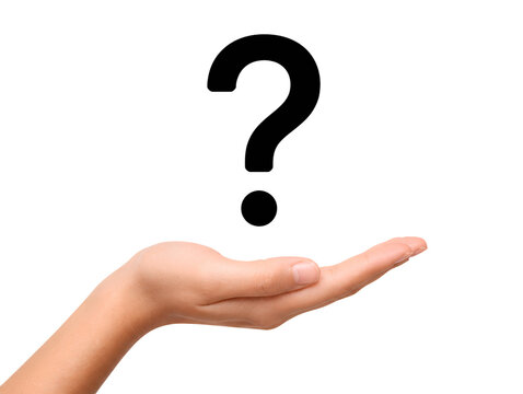 A question mark on an open palm, on a white background.