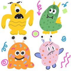 Fototapeta premium A playful set of four hand-drawn kawaii monster characters with expressive faces and whimsical doodle accents, perfect for children's products, stickers, party supplies, and playful branding.