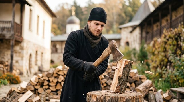 Young monk chopping firewood with an axe in a monastery courtyard. Orthodox priest doing physical labor outdoors. Simple religious life concept