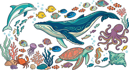 Obraz premium Colorful Marine Animals Vector Collection Featuring Humpback Whale Sea Turtle Dolphin Octopus and Coral Reef Ecosystem Illustration for Kids Education