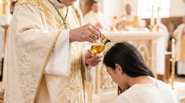 Priest anointing a kneeling young woman with holy oil during a church ceremony. Sacrament of confirmation or baptism. Catholic religious ritual