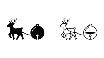 Fototapeta premium Reindeer and Bell Icon Set: A minimalist collection featuring a reindeer pulling a decorative bell, presented in both solid silhouette and line art styles, perfect for festive holiday designs.