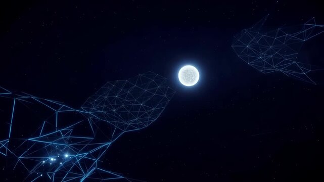 Abstract blue light beams create a dynamic tunnel effect, leading towards a bright moon in a starry night sky, showcasing a futuristic visual experience