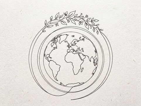 Minimalist continuous line sketch of a globe framed by a leafy botanical branch with botanical continuous minimalist