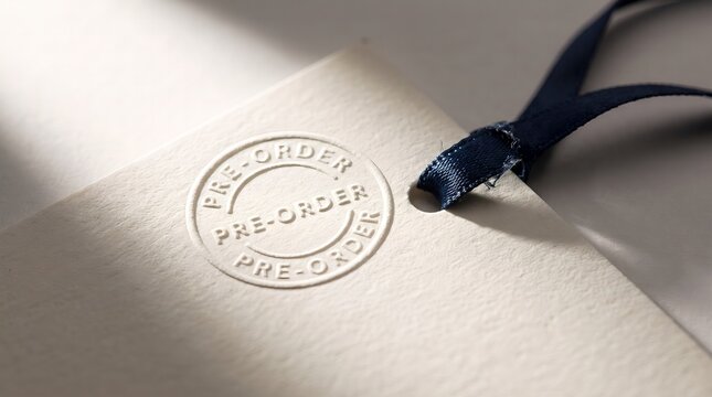 Embosed circular pre-order stamp on textured paper with navy blue ribbon, elegant stationery detail