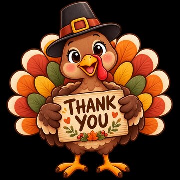 Cute cartoon Thanksgiving illustration of an adorable turkey in a pilgrim hat holding a wooden 'Thank You' sign, a gratitude concept for autumn holiday greetings.