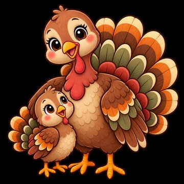 Charming airbrushed character art of a sweet turkey hen and her poult sharing a happy moment, an isolated design element for Thanksgiving family celebrations.