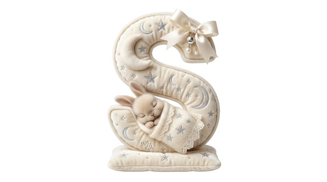 Decorative letter S with sleeping bunny, plush nursery alphabet decor, soft cream fabric initial for baby shower and newborn room