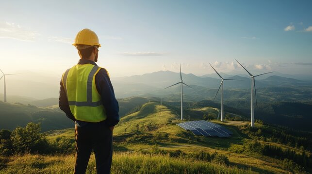 Engineer overseeing renewable energy installation with wind turbines and solar panels on a scenic landscape