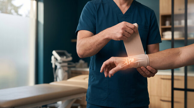 Orthopedic doctor applying a wrist bandage to an injured patient with highlighted wrist joint anatomy