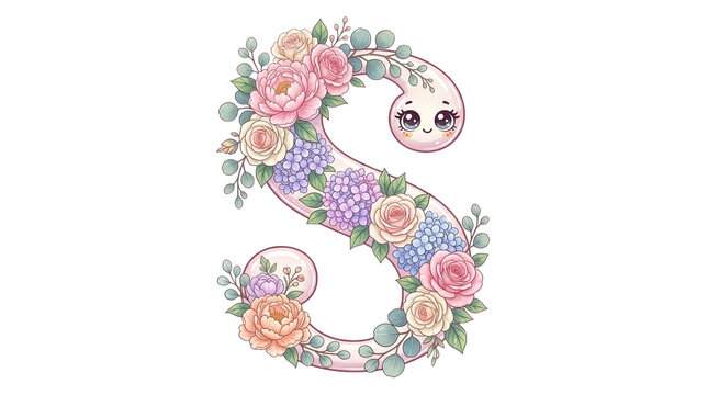 Floral letter S with cute character face, pastel rose and hydrangea botanical alphabet, decorative initial for nursery decor