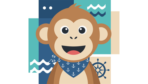 Friendly cartoon monkey character wearing a blue anchor pattern bandana against a maritime nautical background.